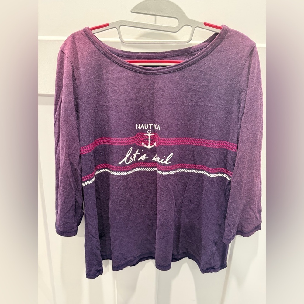 Nautica Purple Anchor Graphic T Shirt Women’s Medium Let’s Sail Tee